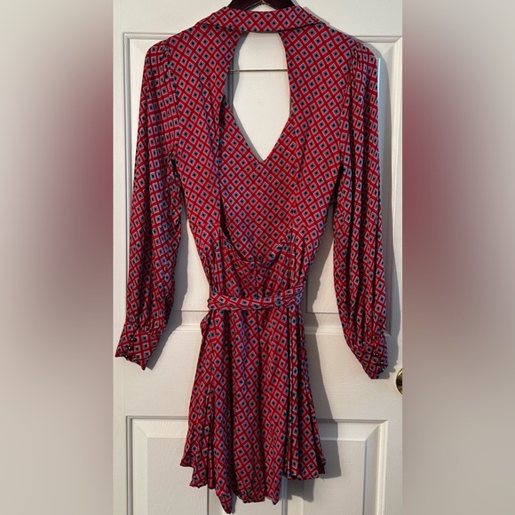 FREE PEOPLE S It Takes Two Lng Sleeve Geometric Belted Open Back Mini Dress Pink - Picture 4 of 14